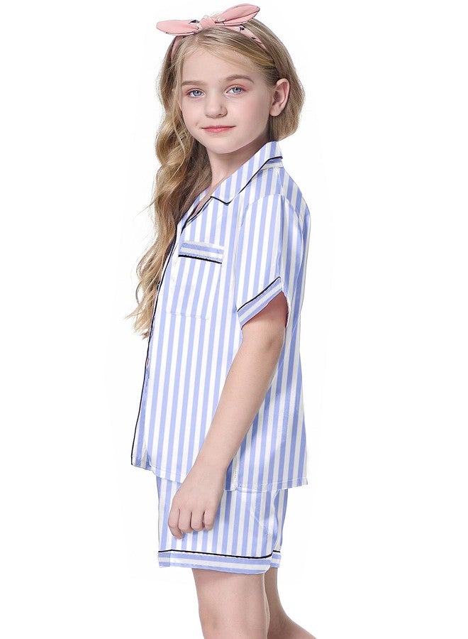 Schbbbta Satin Pajamas for Girls, Silk Pajamas 2 Pcs Button Down Sleepwear Short Sleeve Loungewear Outfit for Girls, Light Navy Stripe, 11-12 Years = Tag 160 - Image 3